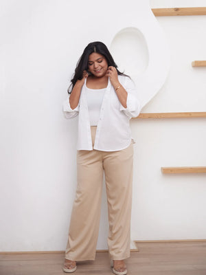 Women Plus Size Beige Wide Leg Pants