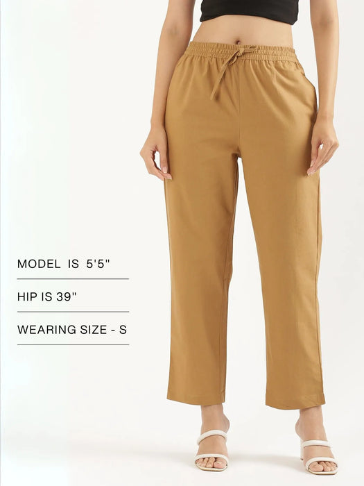 Women Coffee Brown Cotton Straight Pant