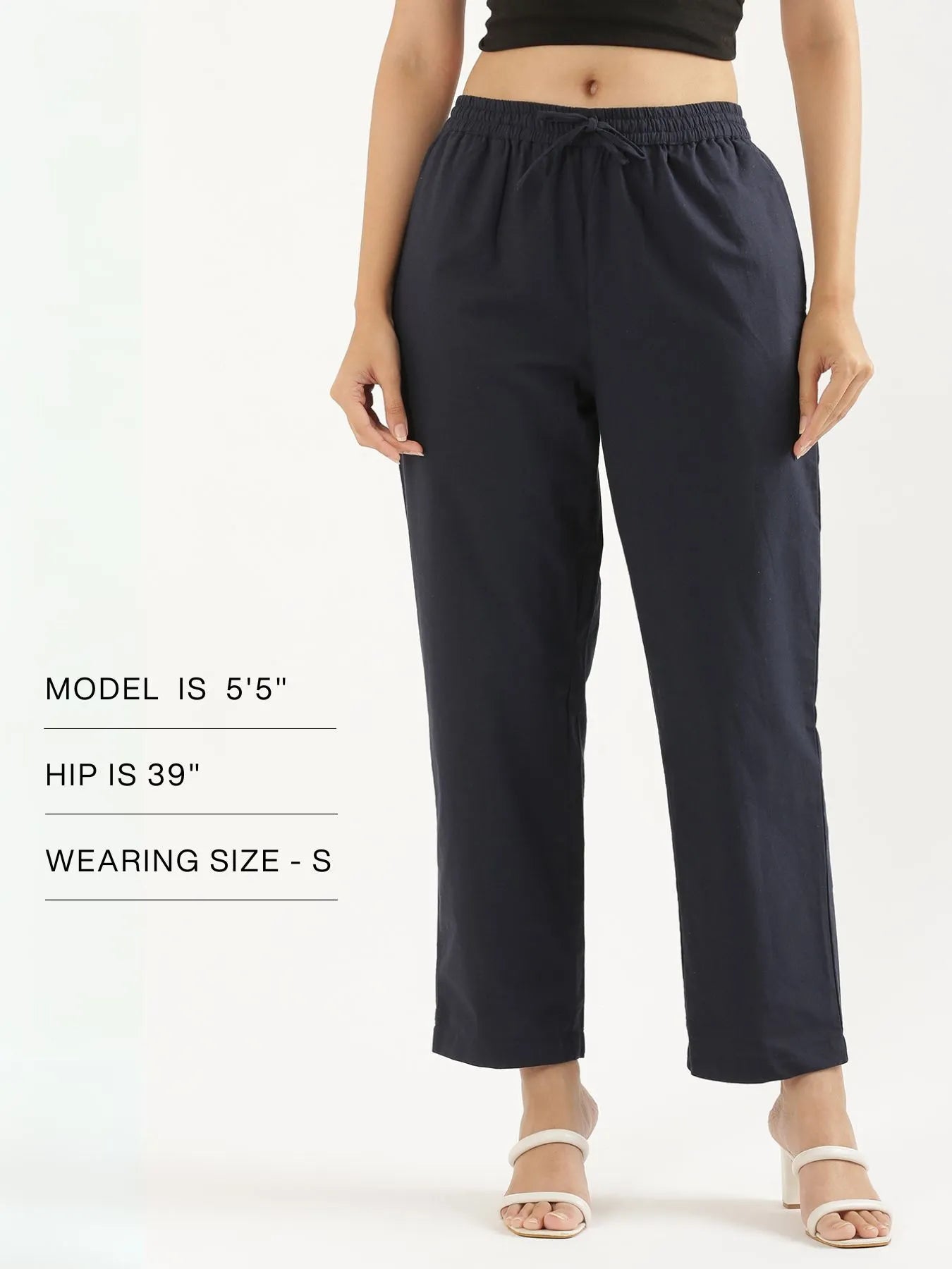 Women Navy Blue Cotton Straight Pant