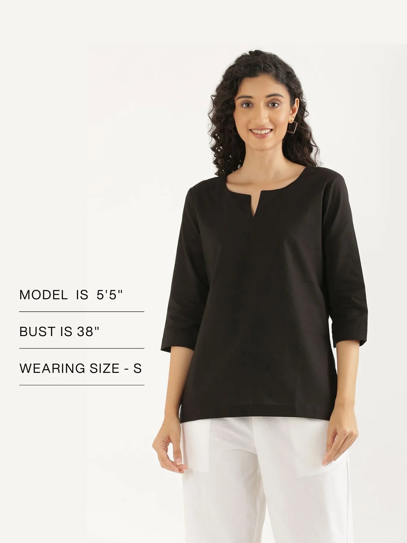 Women Black Airy Linen Split Neck Short Kurta