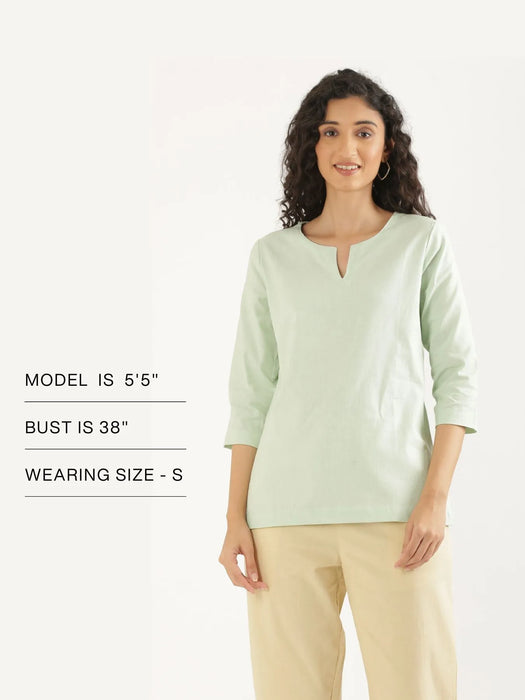 Women Mint Green Airy Linen Split Neck Short Kurta