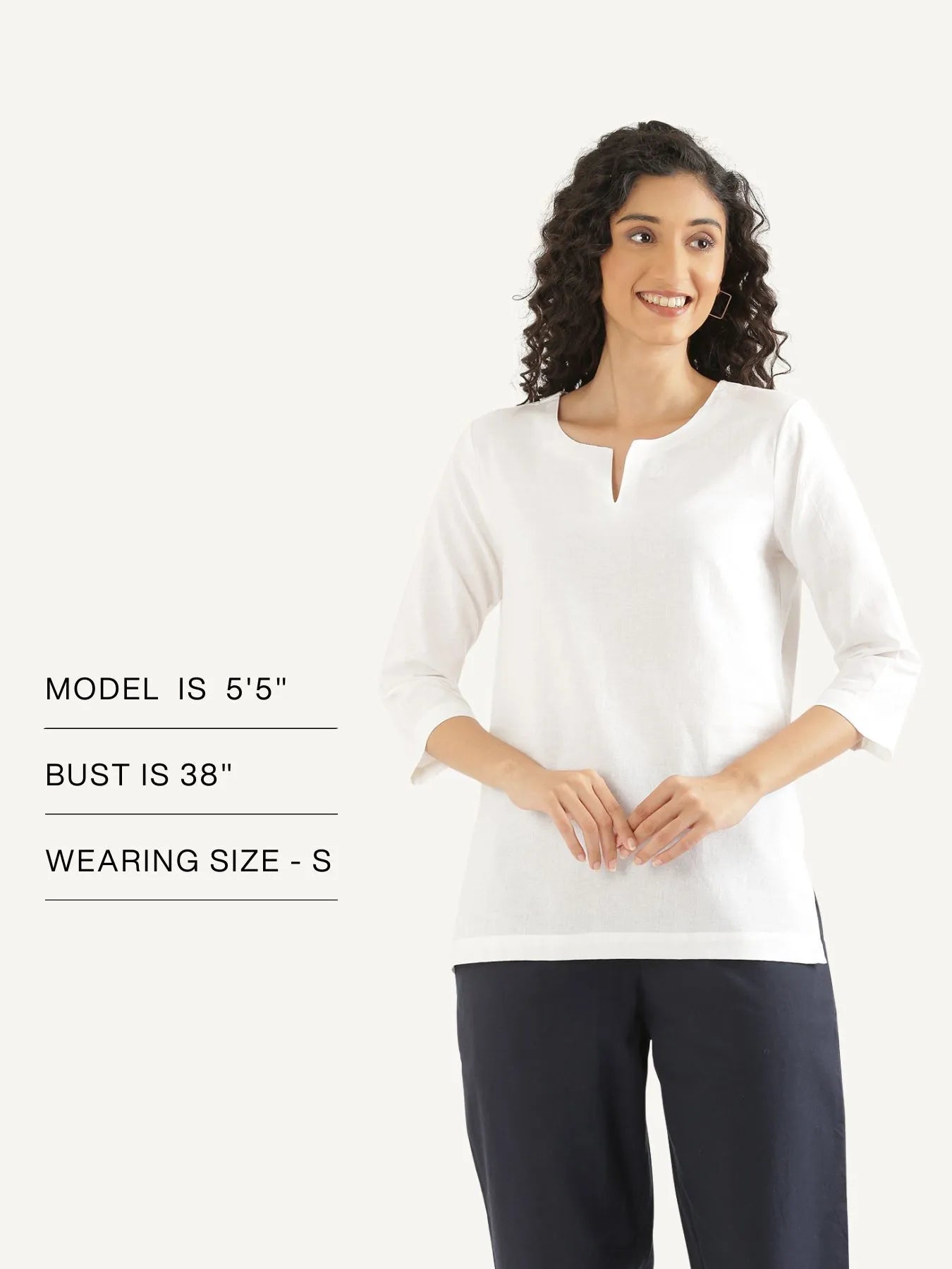 Women White Airy Linen Split Neck Short Kurta