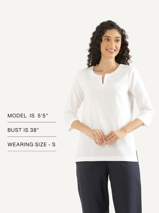 Women White Airy Linen Split Neck Short Kurta