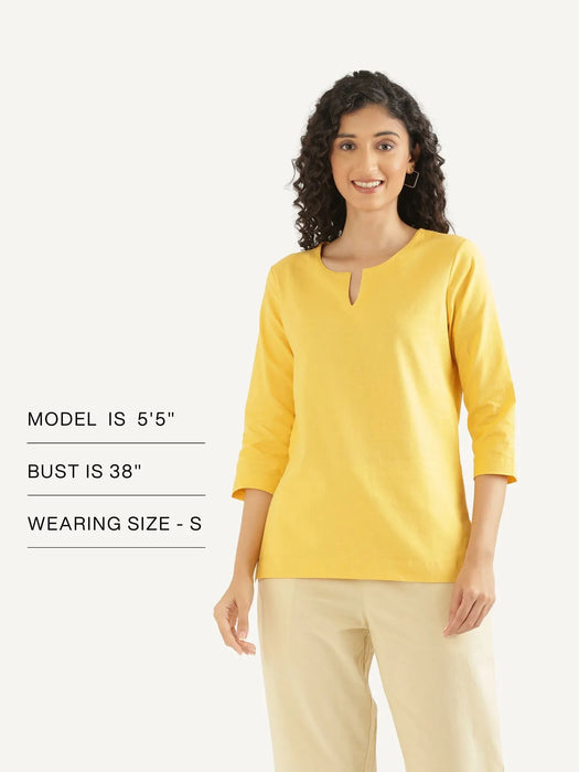 Women Yellow Airy Linen Split Neck Short Kurta