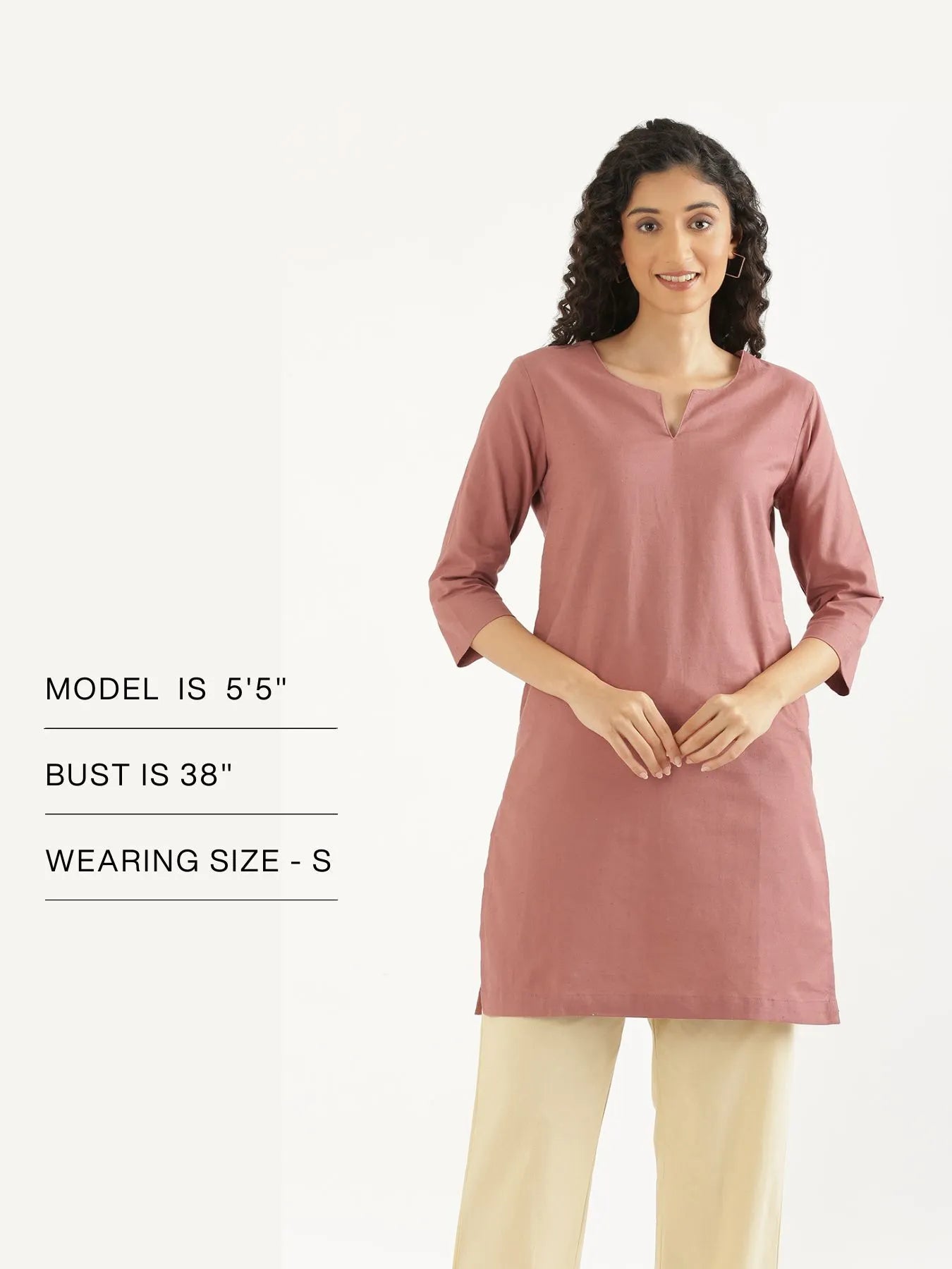 Women Rose Taupe Airy Linen Mid Thigh Length Kurta