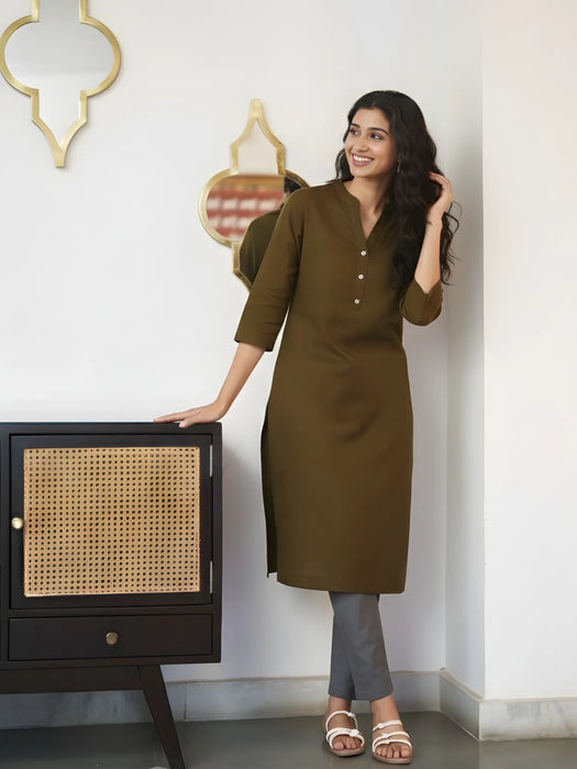 Women Olive Green Airy Linen Long Kurta & Cement Grey Cotton Pant Set
