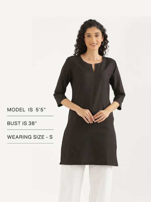 Women Black Airy Linen Mid Thigh Length Kurta