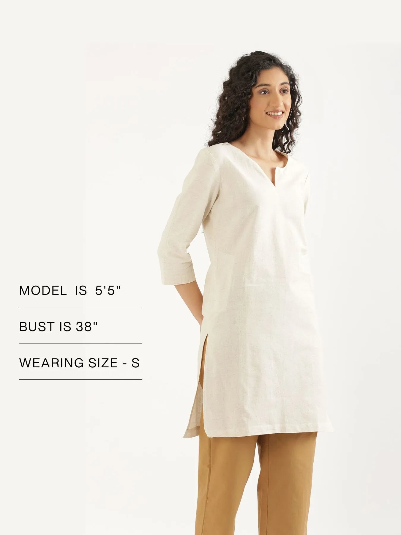 Women Ecru Airy Linen Mid Thigh Length Kurta