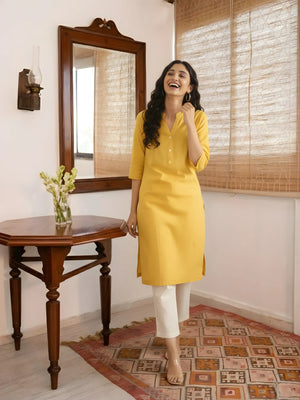 Women Yellow Airy Linen Long Kurta & Beige Cotton Pant Set