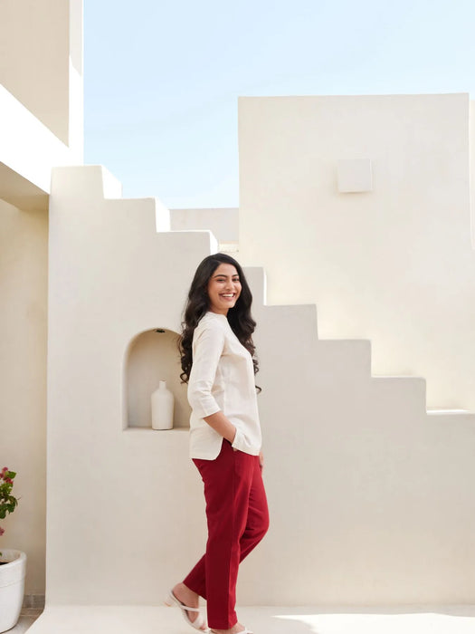 Maroon Cotton Pant with Ecru Airy Linen Short Kurta