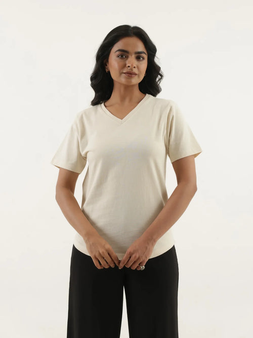 Women Beige V-neck T-shirt