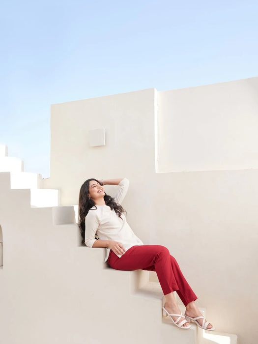 Maroon Cotton Pant with Ecru Airy Linen Short Kurta