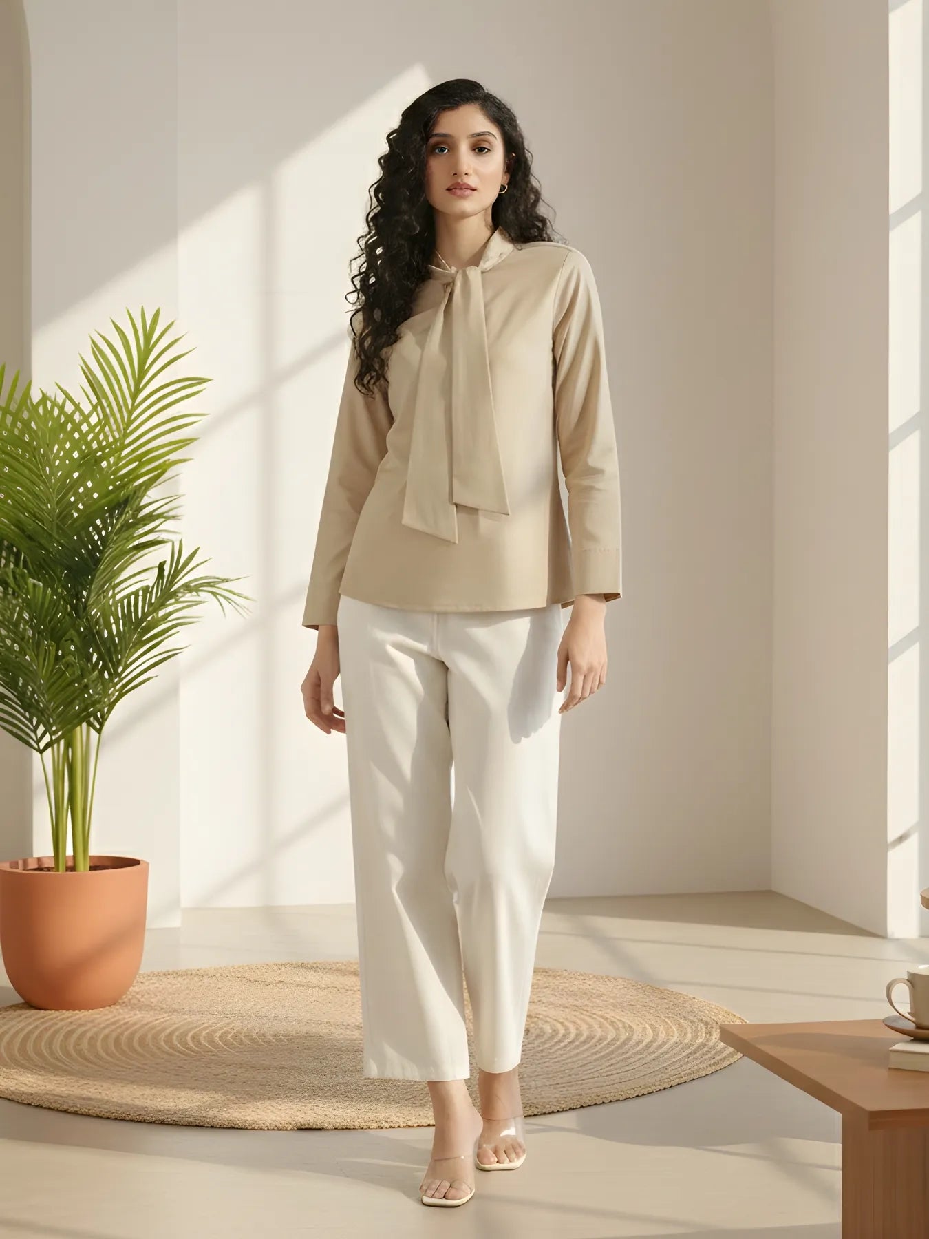 Women Taupe Linen Blend Knot Blouse & Ecru Airy Linen Straight Pants Pant Set