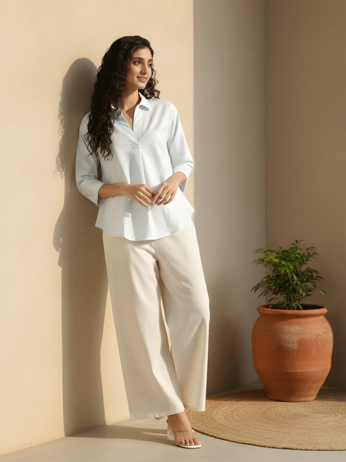 Women Powder Blue Linen Blend Pleated Top & Ecru Airy Linen Wide Leg Pants Pant Set