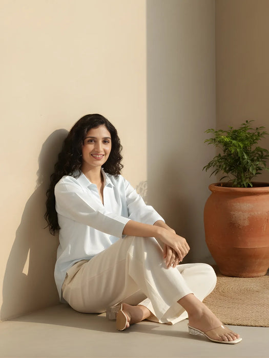 Women Powder Blue Linen Blend Pleated Top & Ecru Airy Linen Wide Leg Pants Pant Set