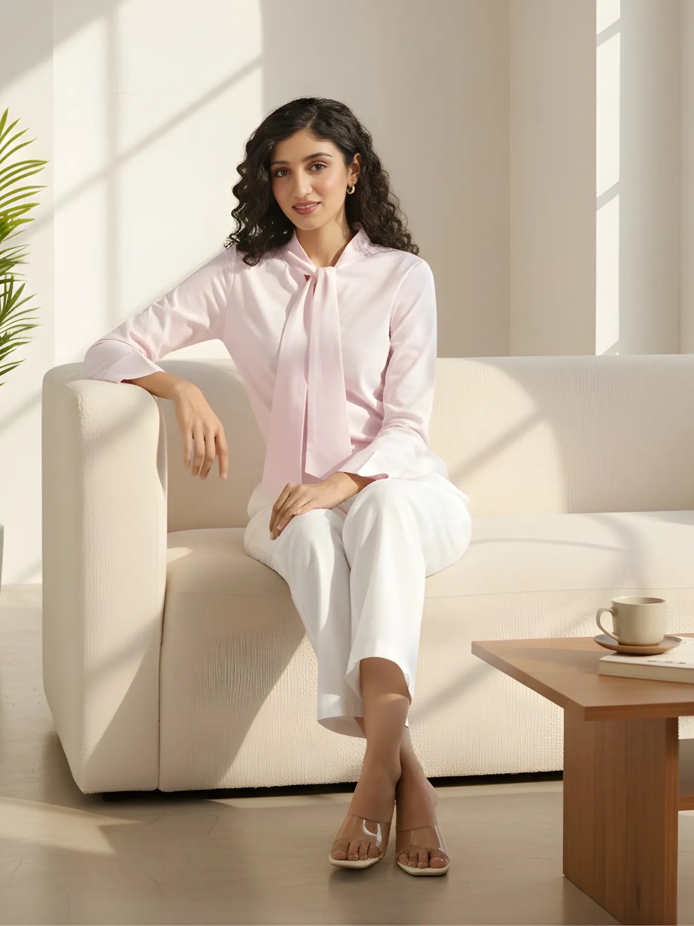 Women Blush Pink Linen Blend Knot Blouse & White Airy Linen Straight Pants Pant Set