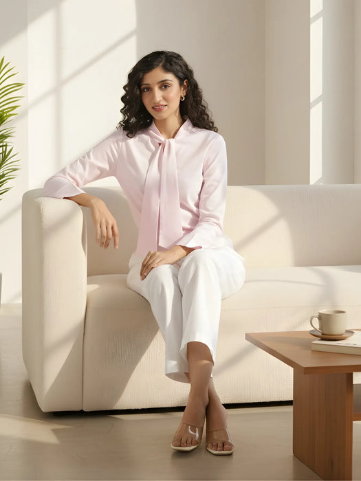 Women Blush Pink Linen Blend Knot Blouse & White Airy Linen Straight Pants Pant Set