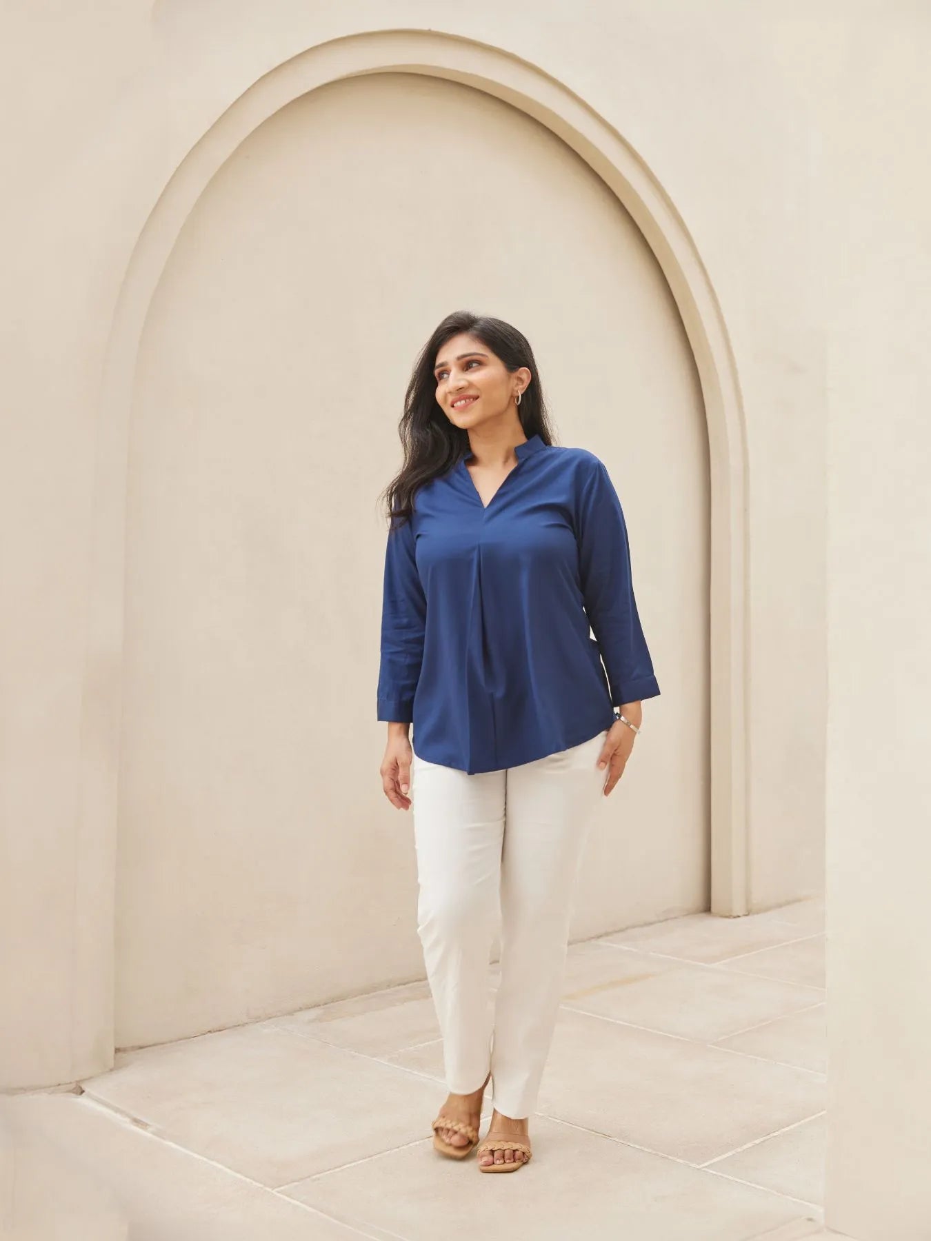 Navy Blue Pleated Top with White Straight Fit Formal Pant