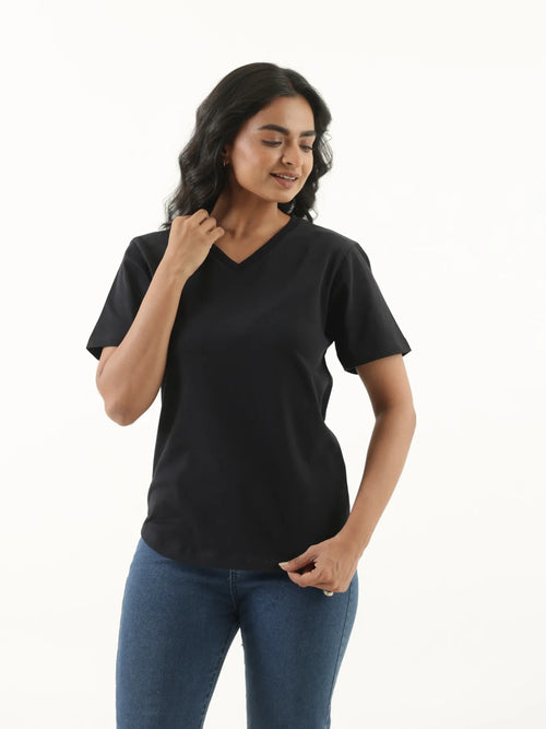 Women Black V-neck T-shirt