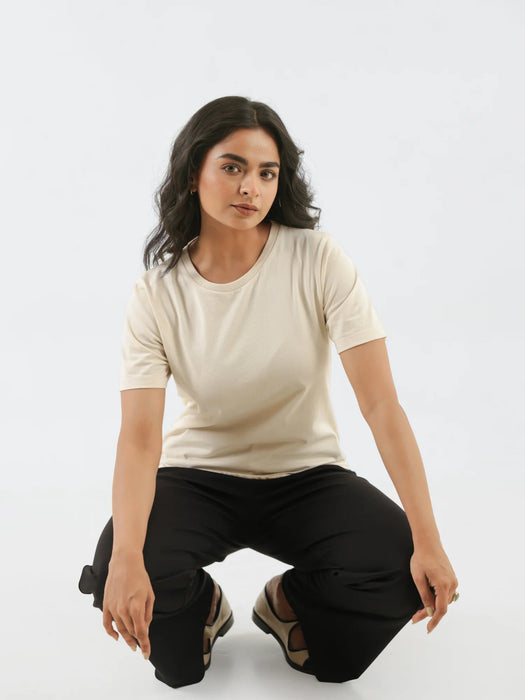 Women Beige Round Neck T-shirt