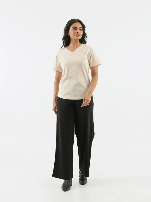 Women Beige V-neck T-shirt
