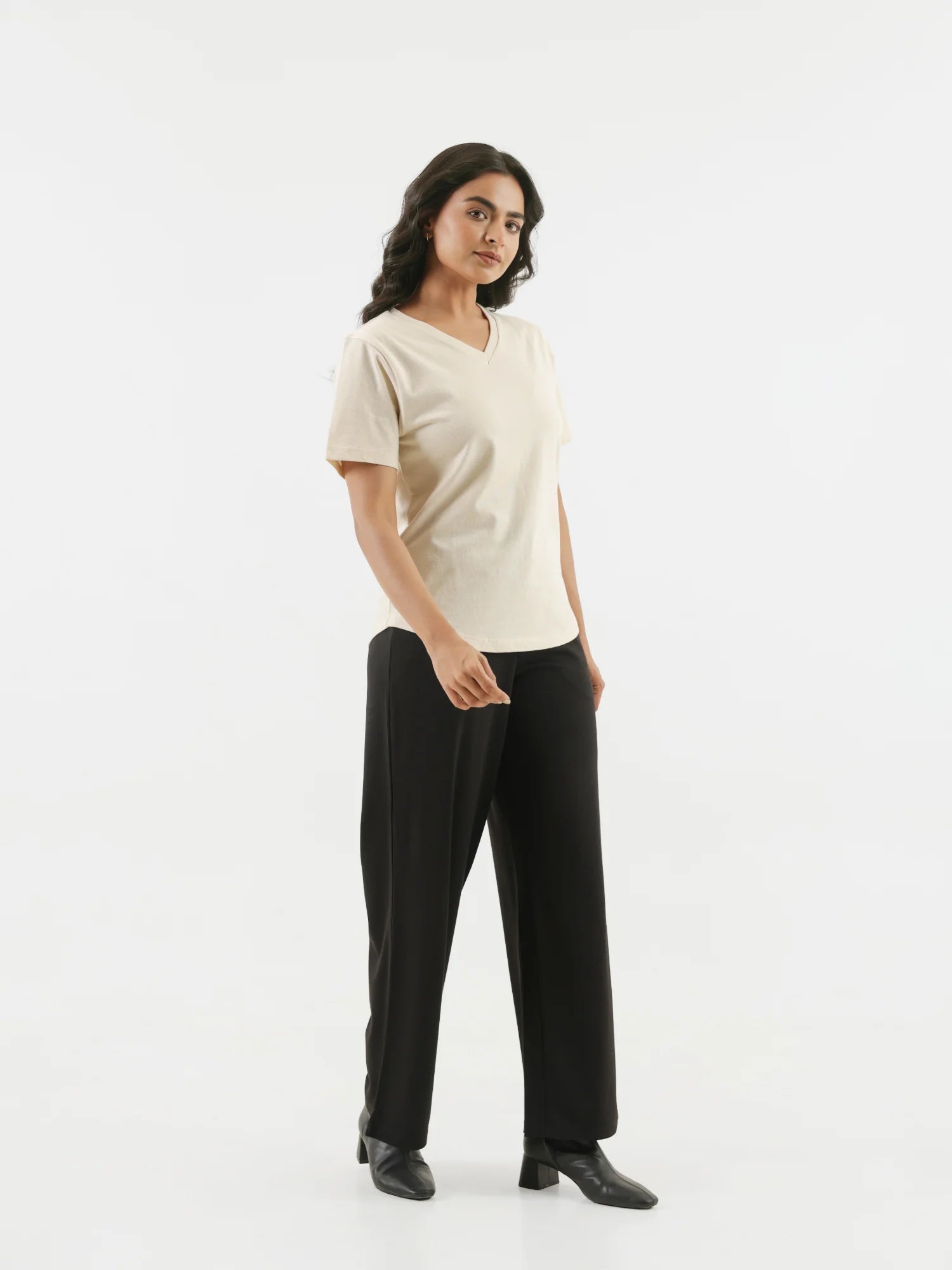 Women Beige V-neck T-shirt