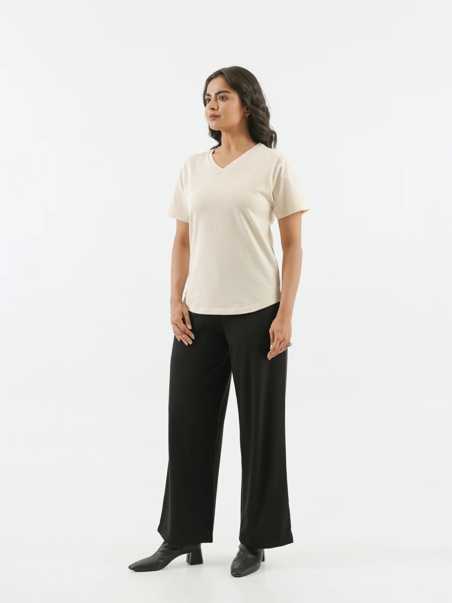 Women Beige V-neck T-shirt