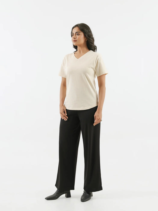 Women Beige V-neck T-shirt