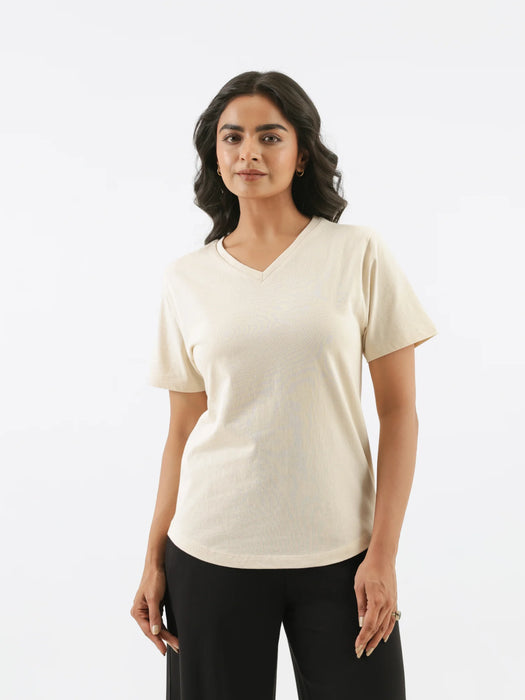 Women Beige V-neck T-shirt