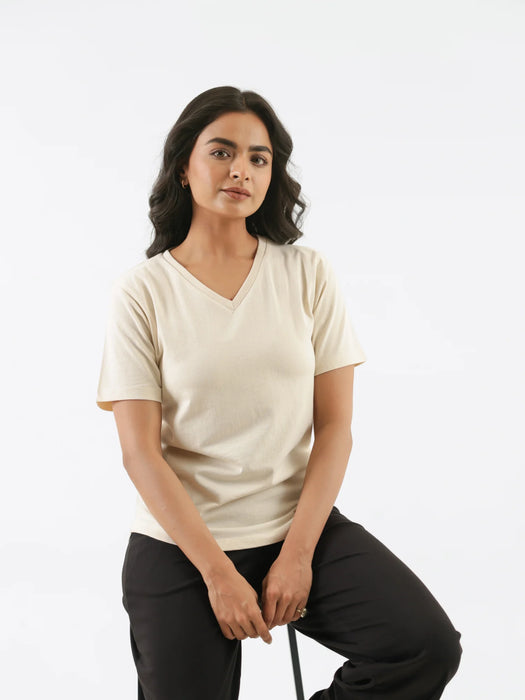 Women Beige V-neck T-shirt