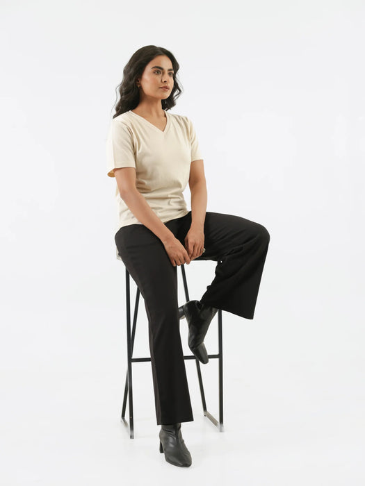 Women Beige V-neck T-shirt