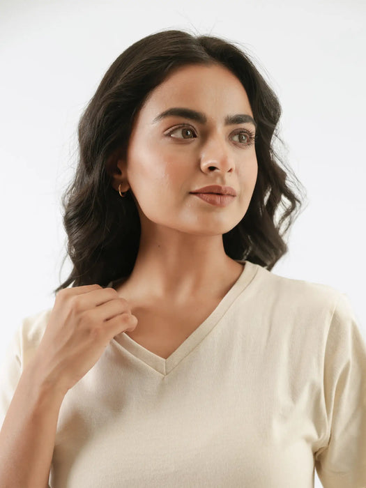 Women Beige V-neck T-shirt