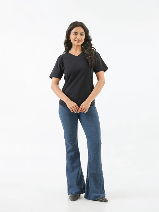 Women Black V-neck T-shirt