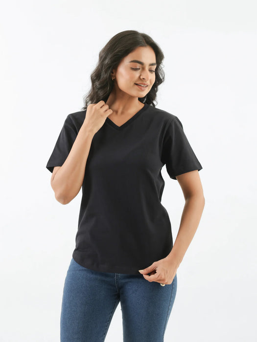 Women Black V-neck T-shirt