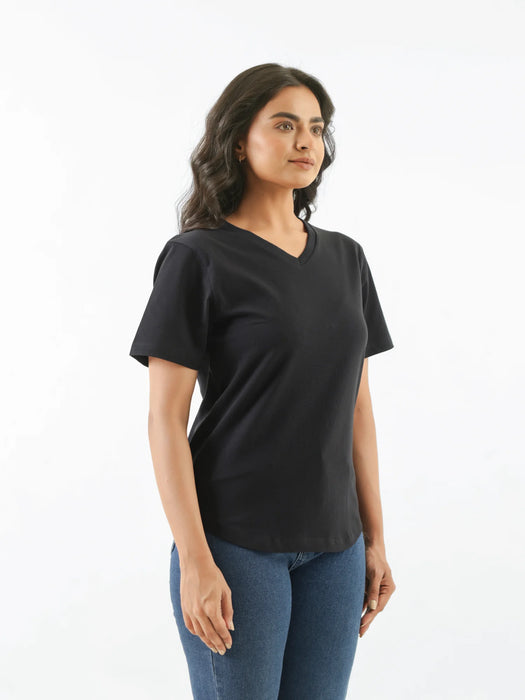 Women Black V-neck T-shirt