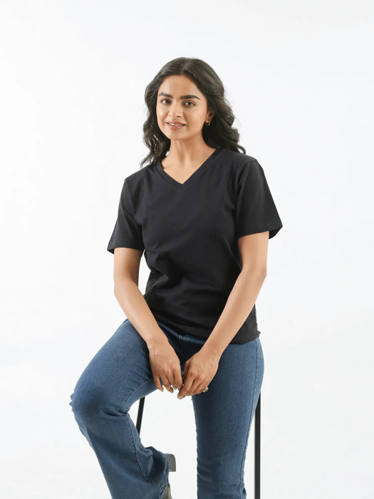 Women Black V-neck T-shirt