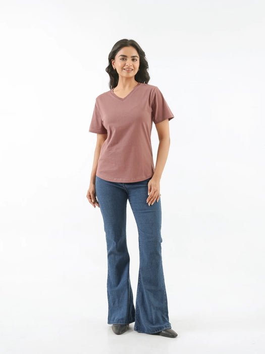 Women Rose Taupe V-neck T-shirt