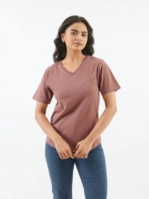 Women Rose Taupe V-neck T-shirt