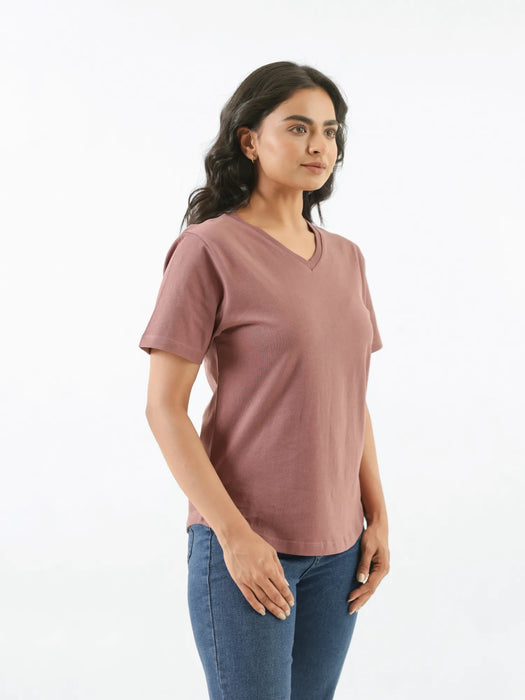 Women Rose Taupe V-neck T-shirt