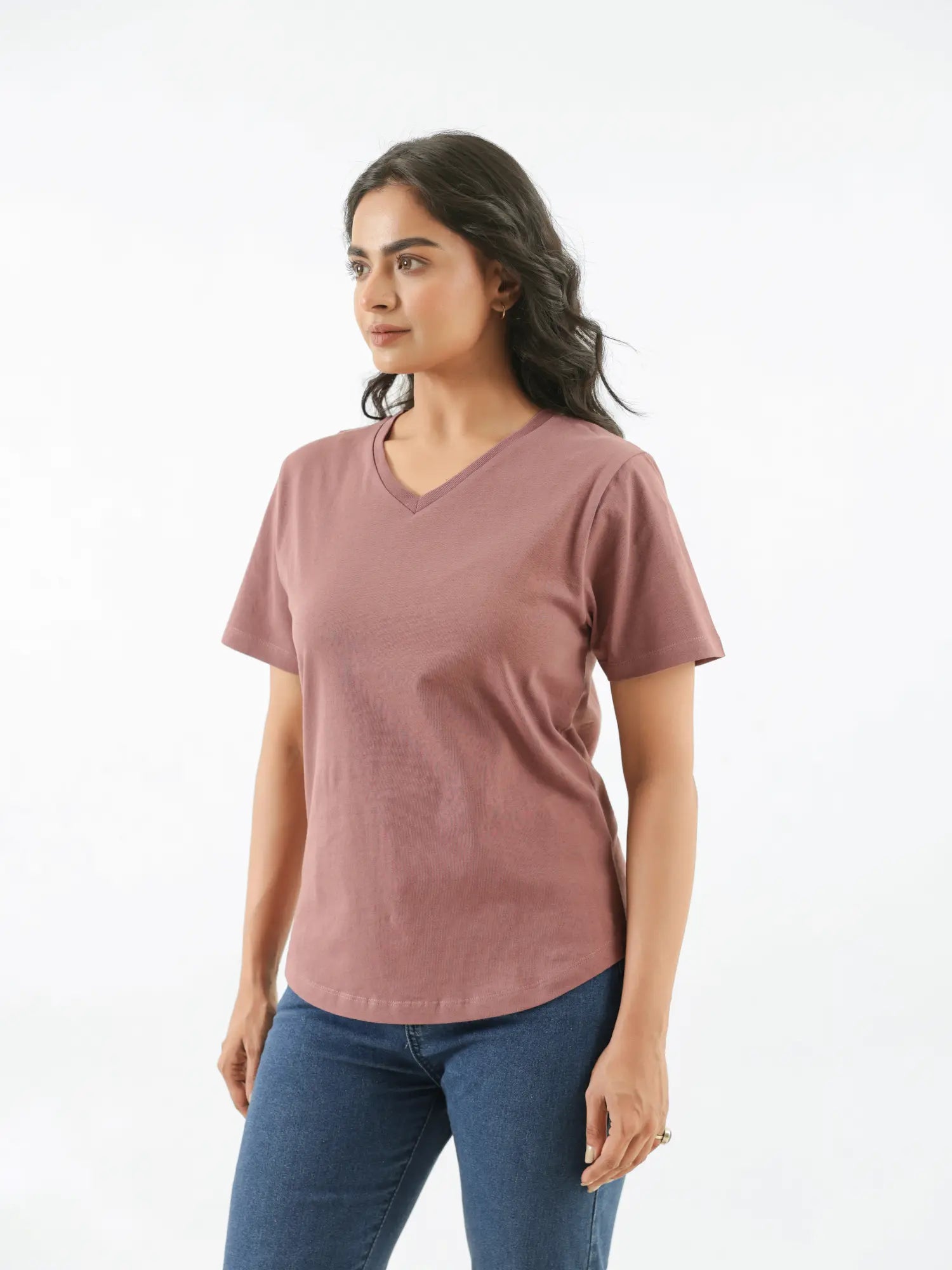 Women Rose Taupe V-neck T-shirt