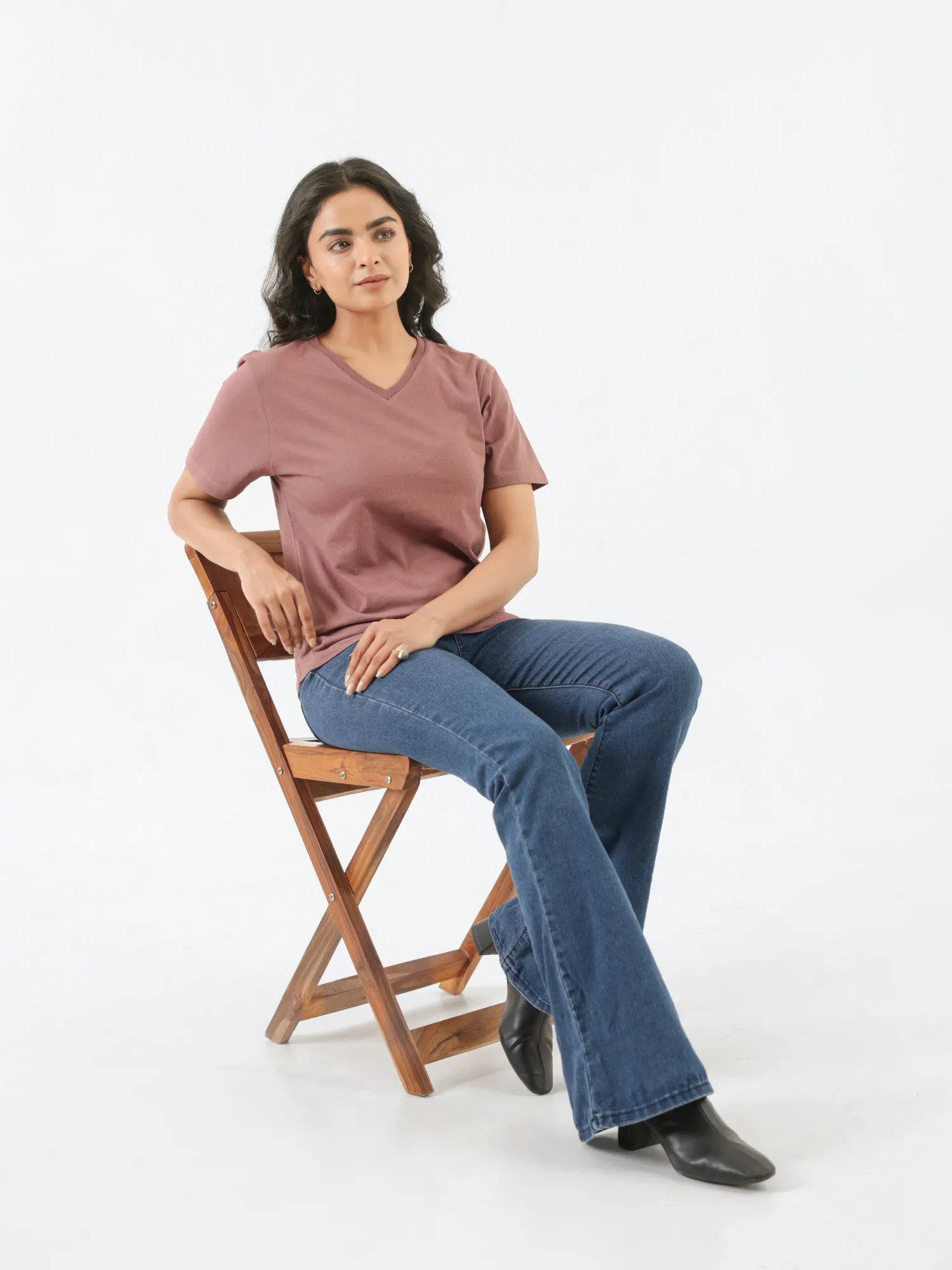 Women Rose Taupe V-neck T-shirt