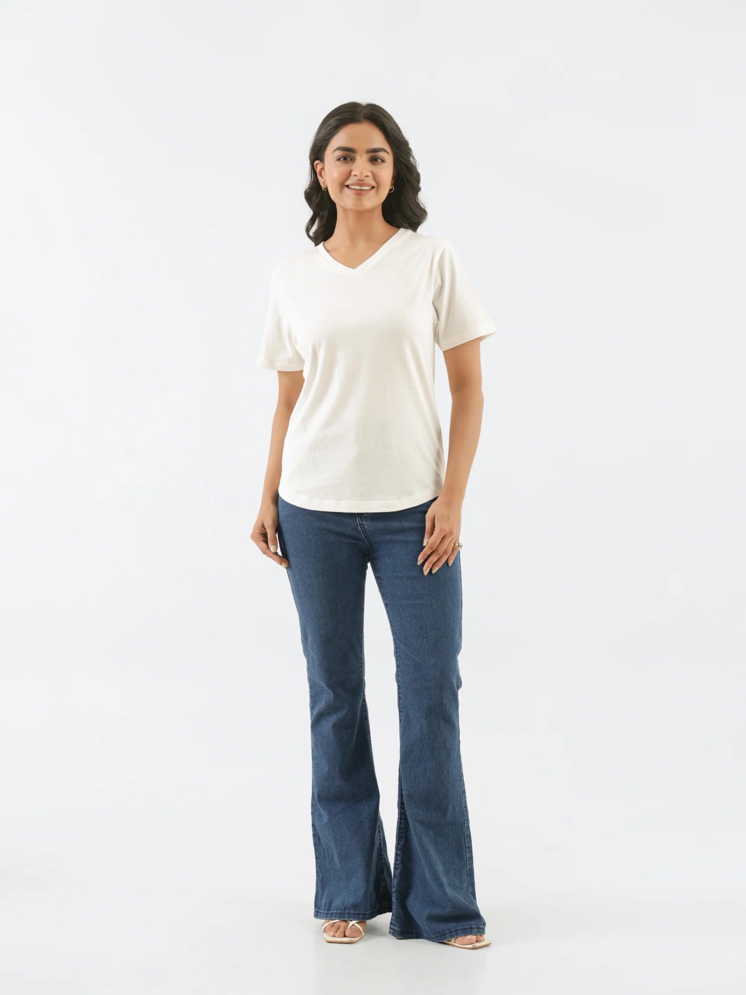 Women Off White V-neck T-shirt