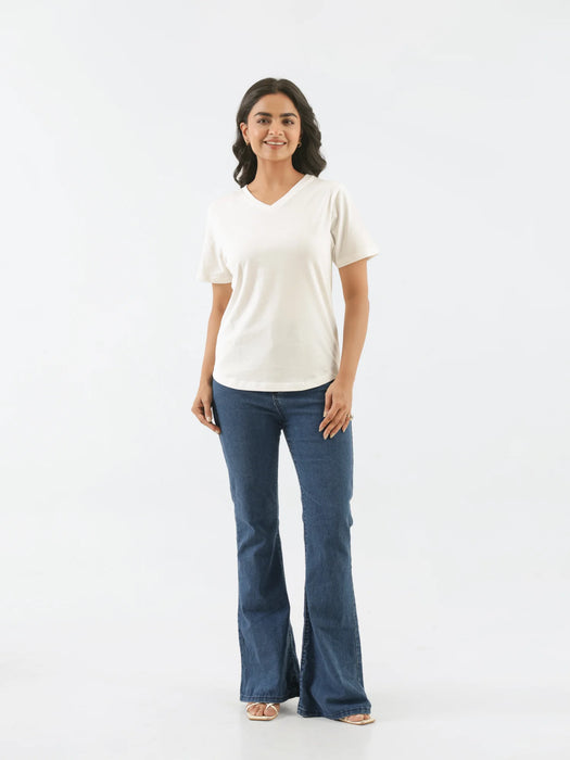 Women Off White V-neck T-shirt