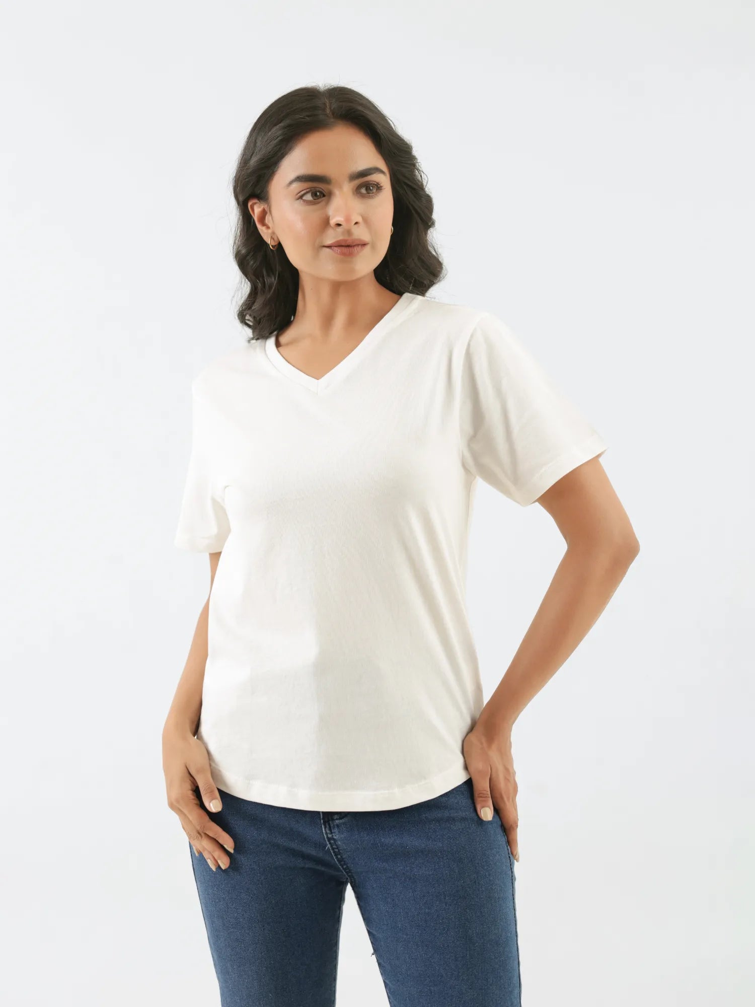 Women Off White V-neck T-shirt