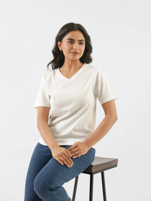 Women Off White V-neck T-shirt