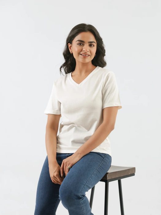 Women Off White V-neck T-shirt