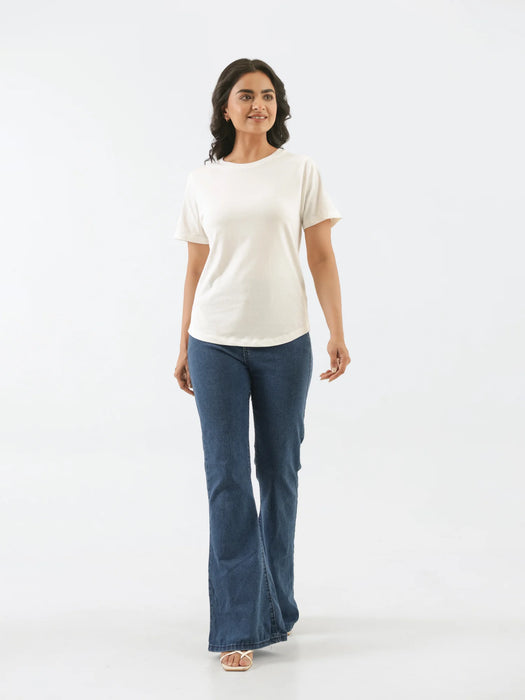 Women Off White Round Neck T-shirt