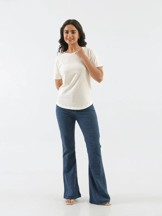 Women Off White Round Neck T-shirt