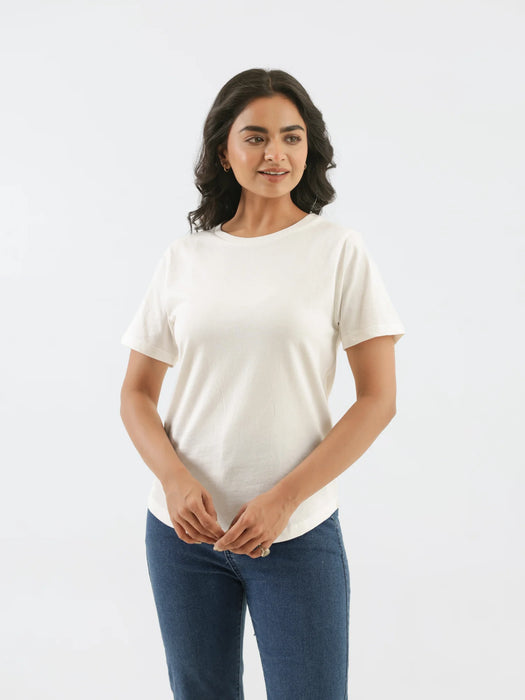 Women Off White Round Neck T-shirt