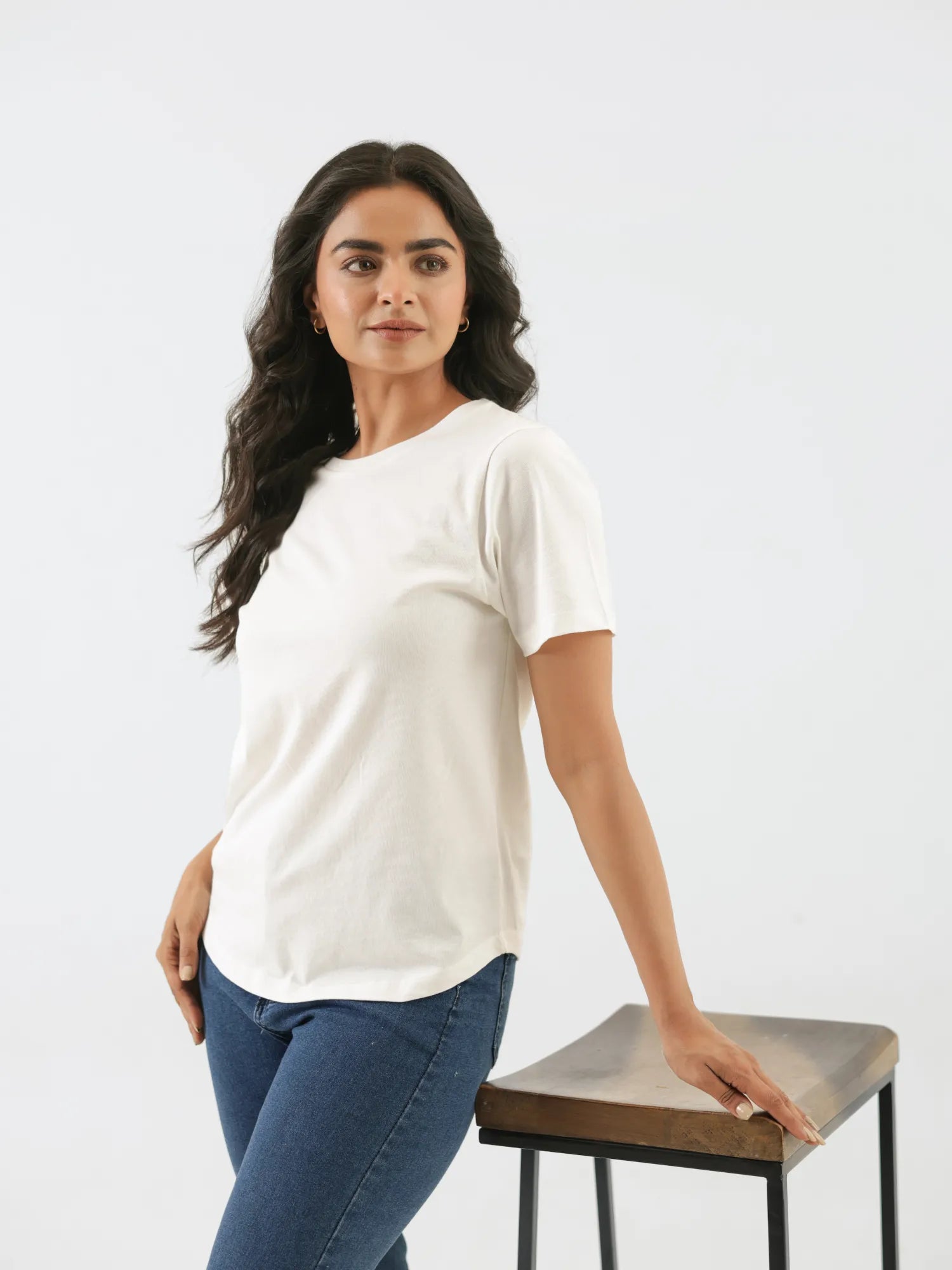 Women Off White Round Neck T-shirt